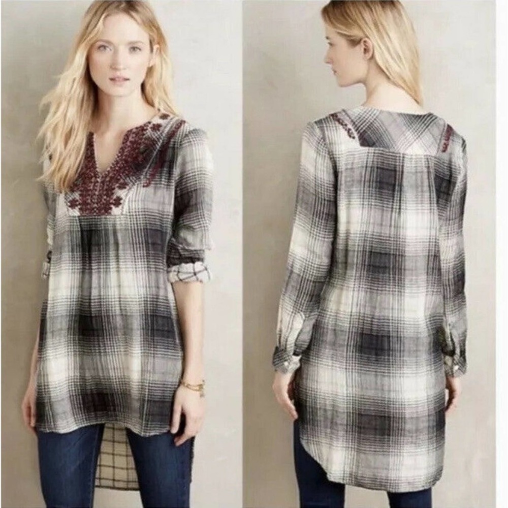 FLOREAT Anthropologie Gauzy Cotton Plaid Embroidered Tunic Top Size Small